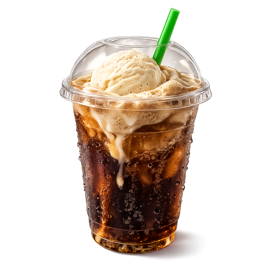 Root beer float in a clear plastic cup with a green straw
